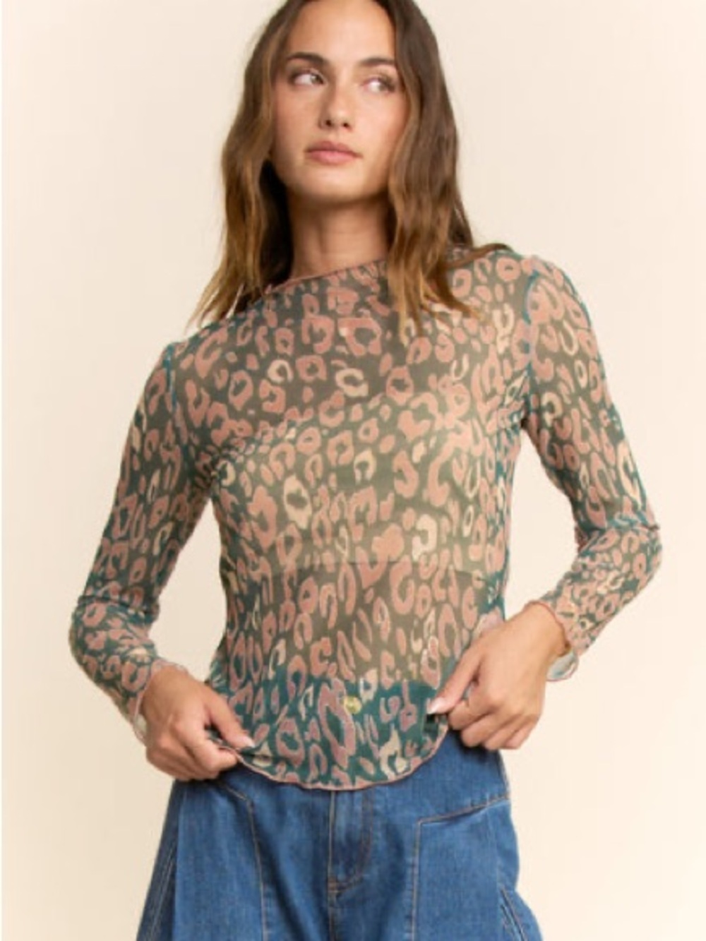 DAVI & DANI Green and Blush Sheer Leopard Long Sleeve Top